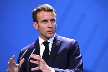 Presidente francês Emmanuel Macron durante entrevista coletiva, em Berlim