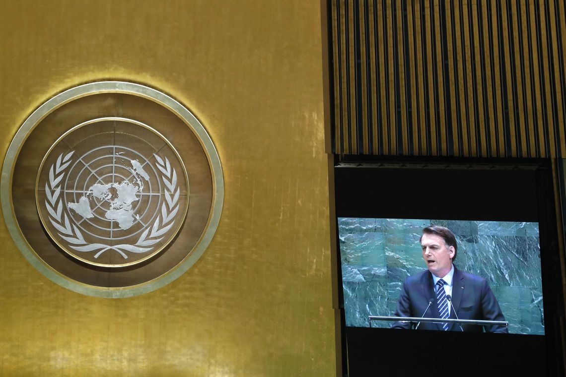 Brazil&#039;s President Jair Bolsonaro is seen on a video screen as he addresses the 74th session of the United Nations General Assembly at U.N. headquarters in New York City, New York, U.S., September 24, 2019. REUTERS/Lucas Jackson