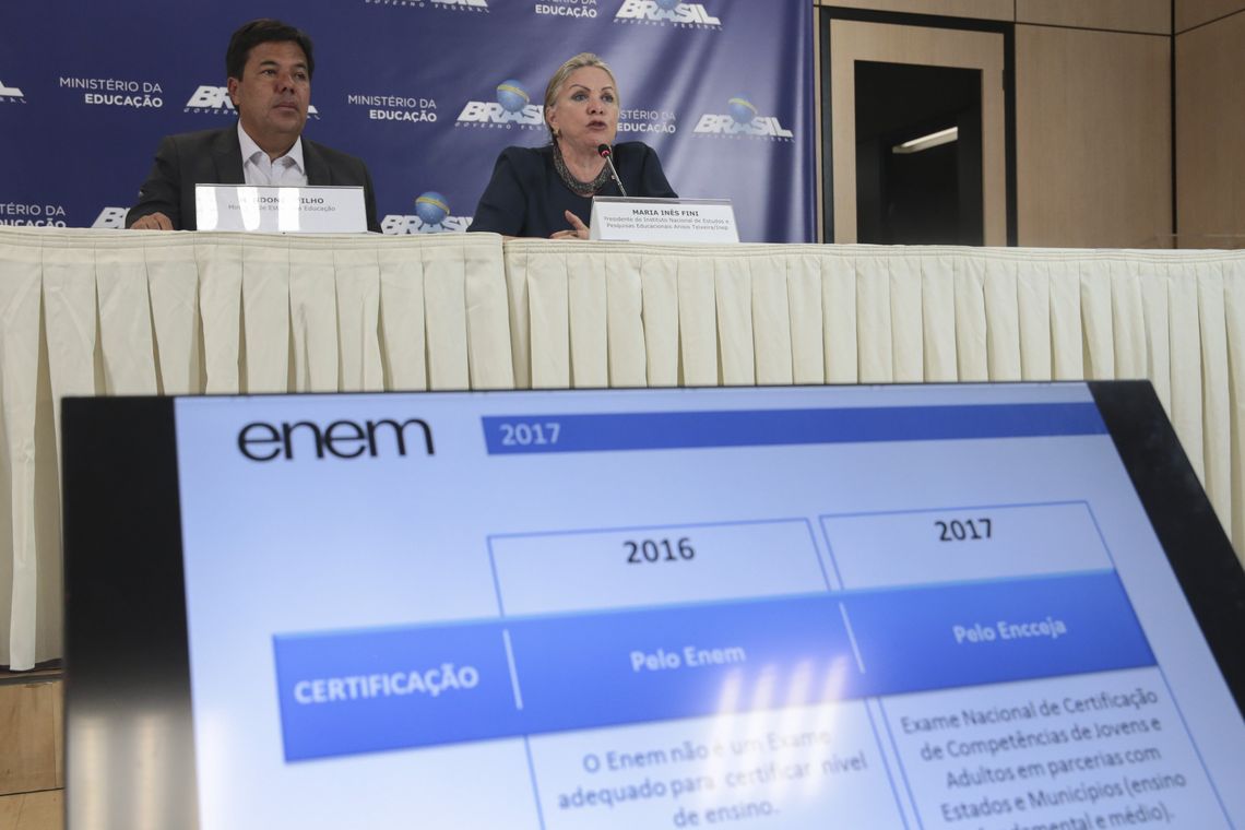 José Cruz/Agência Brasil Brasília - O ministro da Educação, Mendonça Filho, e a presidente do Inep, Maria Inês Fini, divulgam mudanças que serão adotadas no Exame Nacional de Ensino Médio (Enem) 2017 (José Cruz/Agência Brasil)
