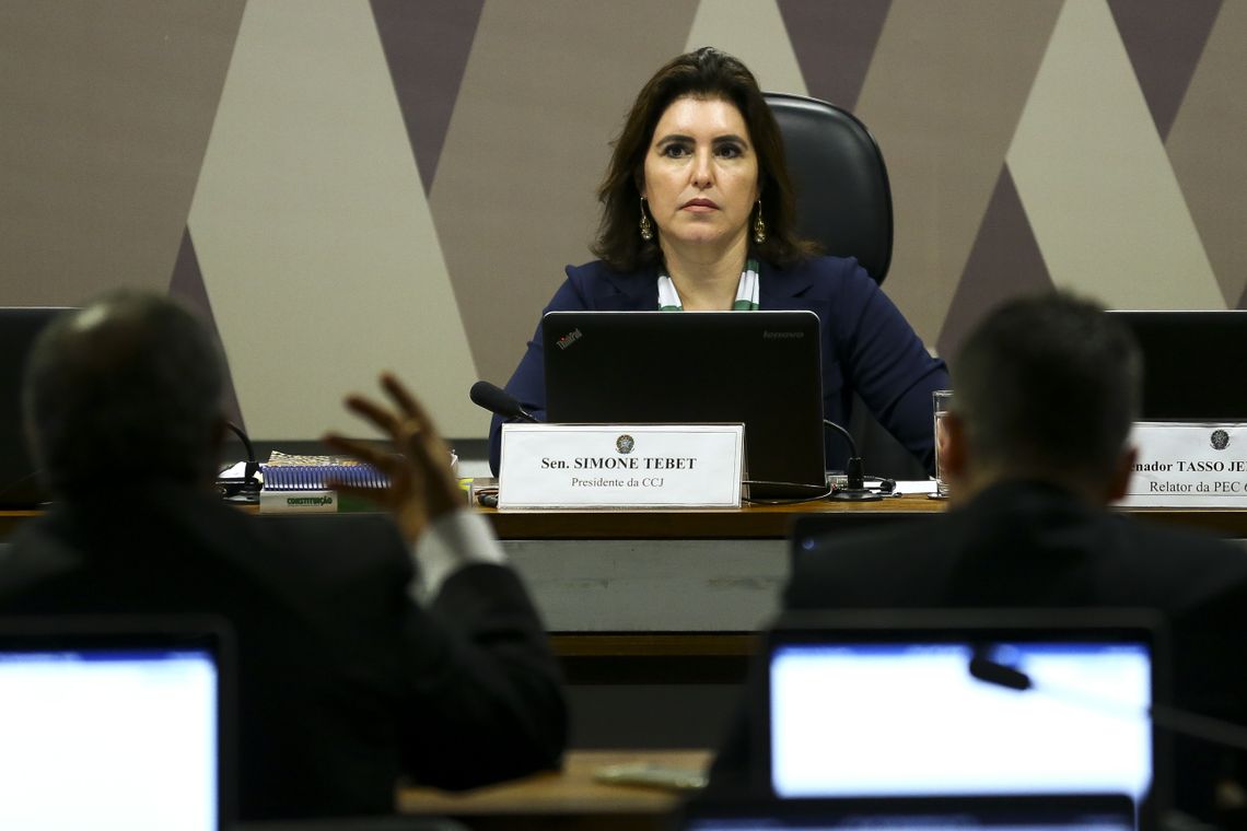 A senadora Simone Tebet durante reunião da Comissão de Constituição, Justiça e Cidadania (CCJ) do Senado para apreciar e votar as nove emendas apresentadas à proposta de reforma da Previdência (PEC 6/2019).