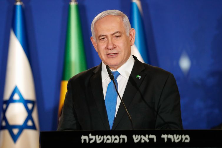 O primeiro-ministro de Israel, Benjamin Netanyahu, durante declaração conjunta com o presidente da República, Jair Bolsonaro, em Jerusalém.