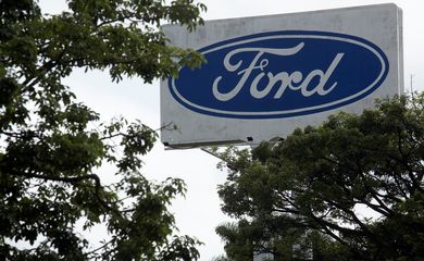 Ford logo is pictured at Ford Motor Co plant in Taubate