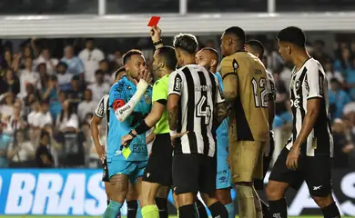 Soccer Football - Brasileiro Championship - Santos v Botafogo - Estadio Urbano Caldeira, Santos, Brazil - June 1, 2025 Santos' Neymar is shown a red card by referee Davi De Oliveira Lacerda REUTERS/Thiago Bernardes