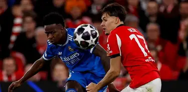 Vini Júnior em ação pelo Real Madrid no jogo contra o Benfica