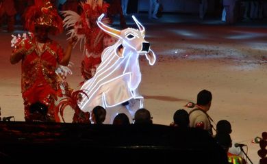 Apresentação do Boi Garantido, no Bumbódromo, durante o Festival Folclórico de Parintins de 2015 (Patrícia Fontoura/Agência Brasil)