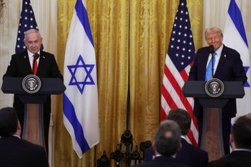 REUTERS/Leah Millis/Proibida reprodução U.S. President Donald Trump and Israeli Prime Minister Benjamin Netanyahu hold a joint press conference in the East Room at the White House in Washington, U.S., February 4, 2025. Reuters/Leah Millis/Proibida reprodução TPX IMAGES OF THE DAY