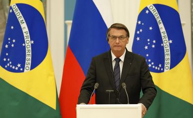 O presidente da República do Brasil, Jair Bolsonaro, durante declaração à Imprensa em Moscou.