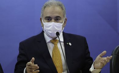 O ministro da Saúde, Marcello Queiroga,durante anúncio à imprensa, sobre a produção de vacinas no Brasil