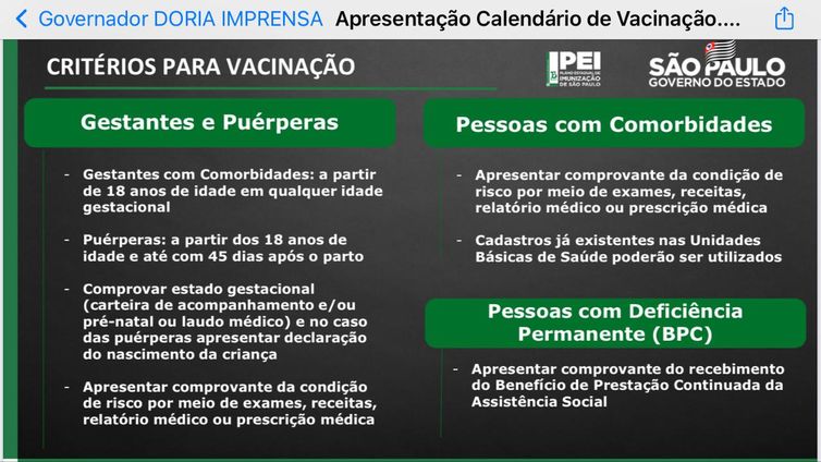 Governo de São Paulo Grávidas e pessoas com deficiência permanente ou doenças crônicas serão vacinadas em SP a partir da próxima semana