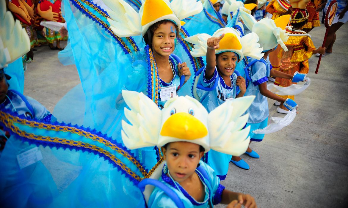Integrantes da escola de samba mirim Herdeiros da Vila desfilam no Sambódromo da Marquês de Sapucaí (Fernando Frazão/Agência Brasil)