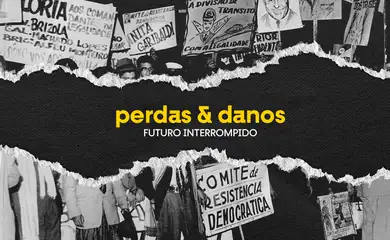 Arte de capa do podcast Perdas e Danos, sobre o golpe de 1964, as reformas de base e a ditadura militar