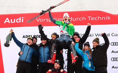 Suíça- 11/01/2025 O brasileiro Lucas Pinheiro Braathen conquistou, neste sábado (11), a medalha de prata na etapa de Adelboden, na Suíça, da Copa do Mundo de esqui alpino. Foto Denis Balibouse/Reuters/Proibido reprodução