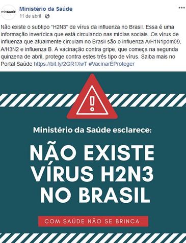 Post do Ministério da Saúde no Facebook em que desmente a existência do subtipo H2N3 do vírus influenza no Brasil.