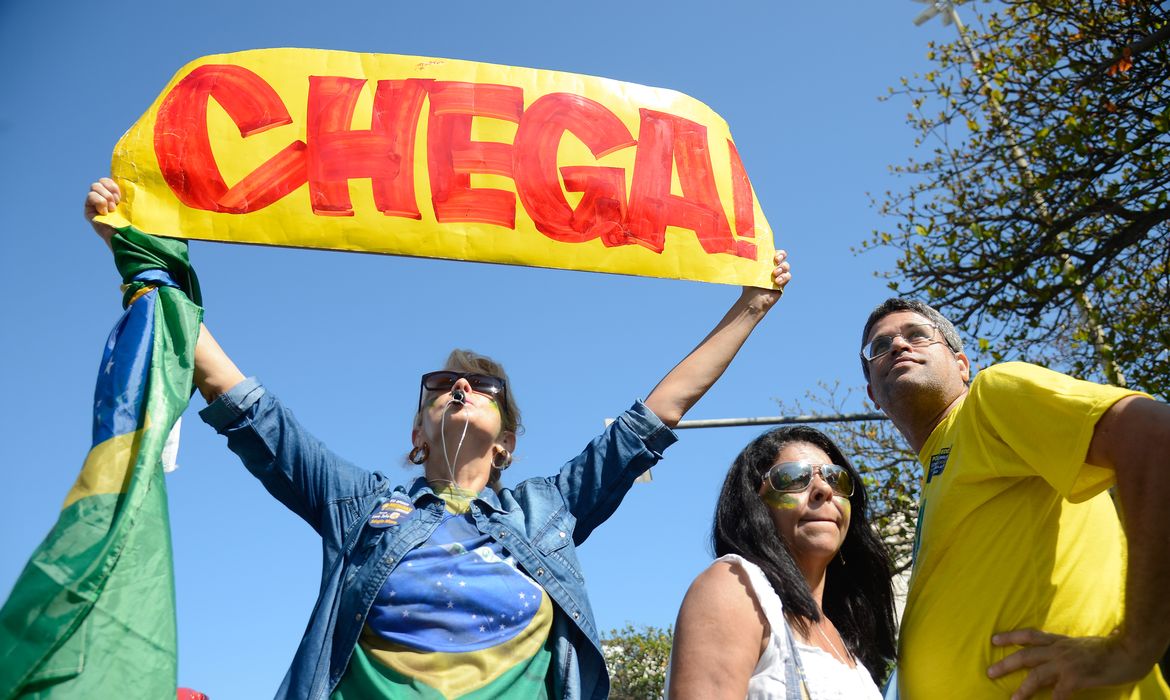 Rio de Janeiro - Manifestantes fazem ato a favor do impeachment da presidenta afastada Dilma Rousseff, contra a corrupção e em apoio à operação Lava Jato, na praia de Copacabana (Tânia Rêgo/Agência Brasil)