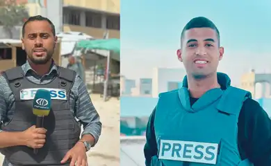 Gaza, 25/03/2025 - Jornalistas assassinados ontem por Israel. São eles o profissional da TV Al-Jazeera, o palestino Hossam Shabat, e o jornalista da TV Palestine Today, Mohammad Mansour. Foto: Sindicato dos Jornalistas da Palestina/Divulgação