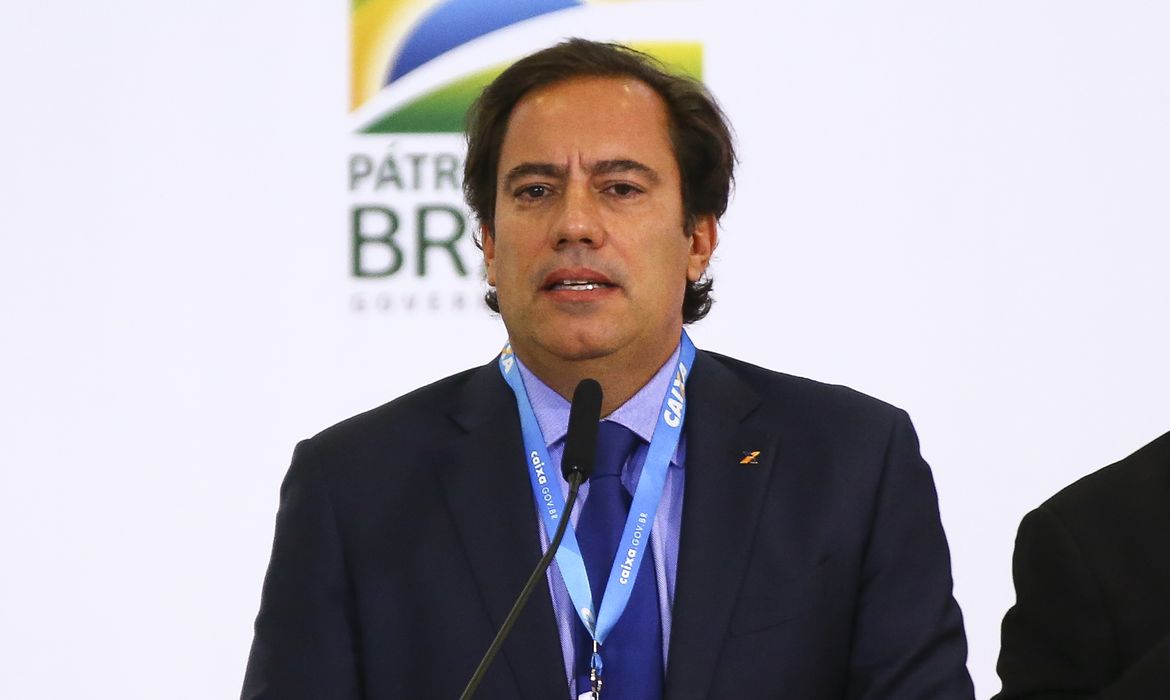 O presidente da Caixa, Pedro Guimarães, durante anúncio de avanços no programa federal de habitação, o Casa Verde e Amarela.