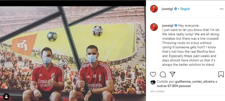 Weigl publicou na conta dele no Instagram mensagem em que lamenta as agressões