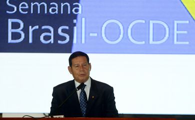 O vice-presidente da República, Hamilton Mourão, na abertura do Fórum Brasil-OCDE.