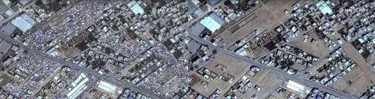 16/05/2024 - Imagens de satélite onde se vê Rafah (04/05/2024) e depois do bombarddeio (15/05/2024).
Before and after: Gazans flee north from Rafah
Frame Reuters