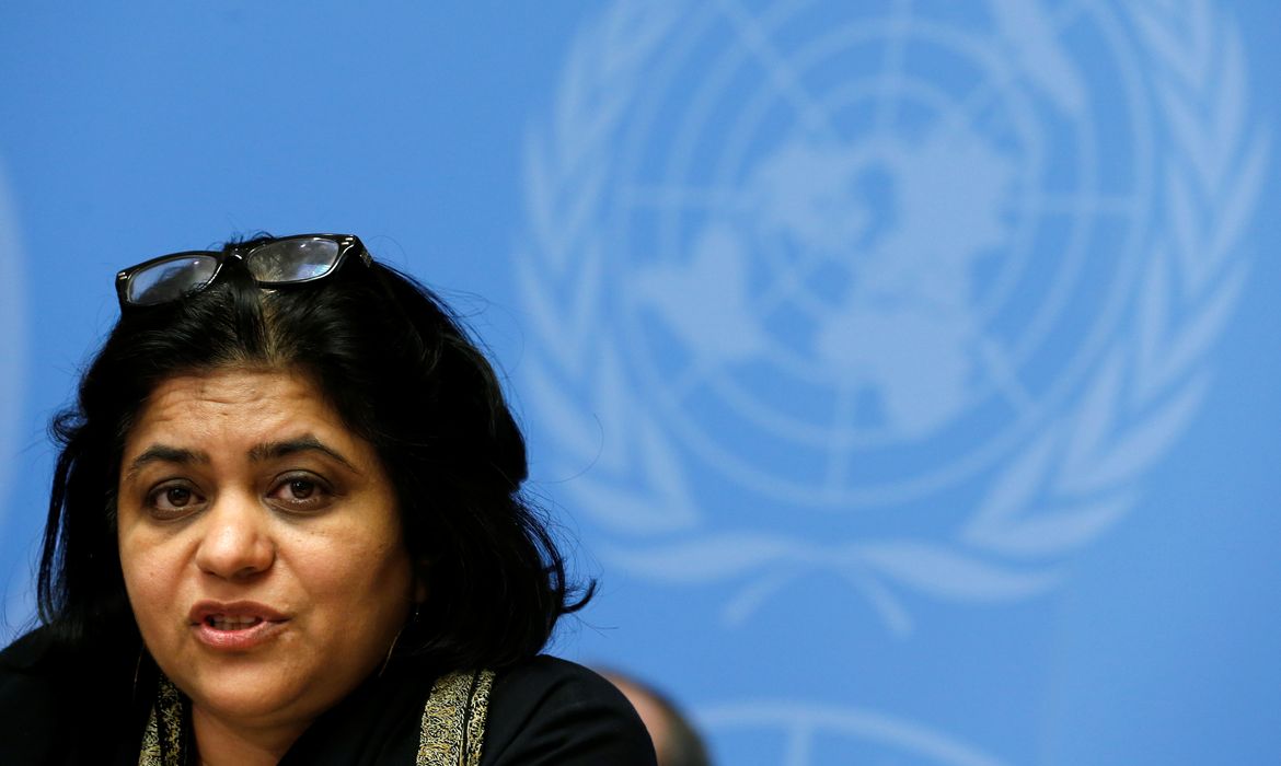 Sara Hossain, independent expert on accountability in North Korea, addresses a news conference after her report to the Human Rights Council at the UN in Geneva