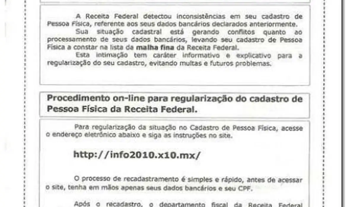 Trecho da correspondência falsa enviada em nome da Receita Federal para contribuintes 