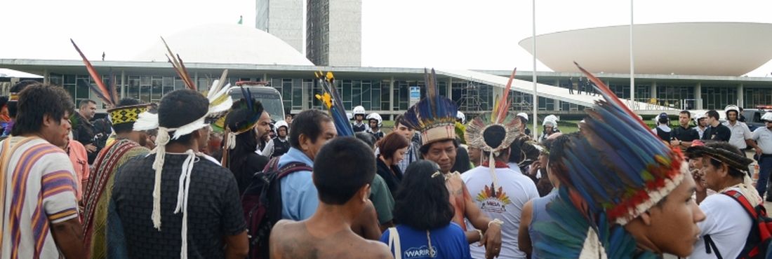 Brasília - Um grupo de índios e ativistas do Greenpeace, realizaram na manhã desta terça-feira (1º) uma manifestação contra a PEC 215, que altera as regras para demarcações de terras indígenas