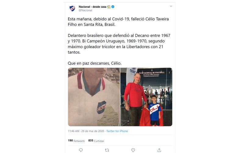 Covid-19, falleció Célio Taveira Filho en Santa Rita, Brasil