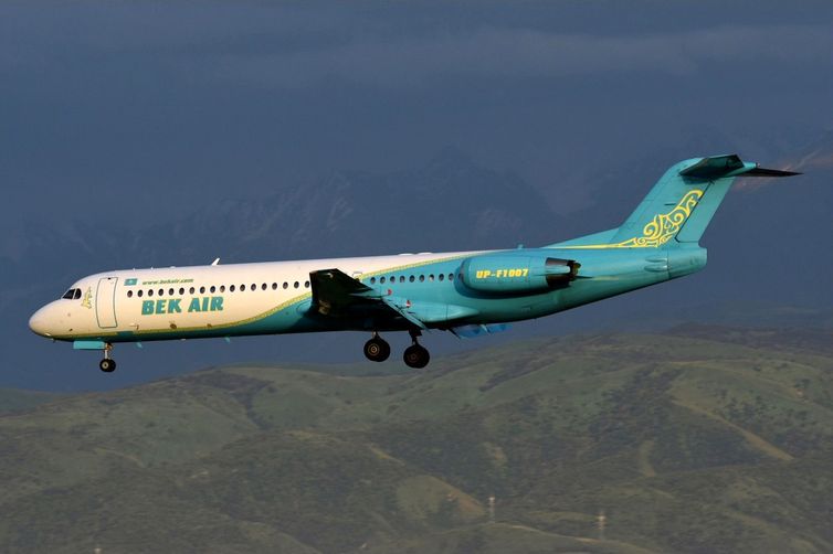 The Fokker 100 aircraft with tail number UP-F1007, operated by Bek Air, is seen on this picture taken in Almaty, Kazakhstan June 8, 2018. Picture taken June 8, 2018. REUTERS/Damir Kagarmanov