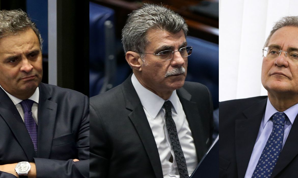 Os senadores Aécio Neves, Romero Jucá e Renan Calheiros 