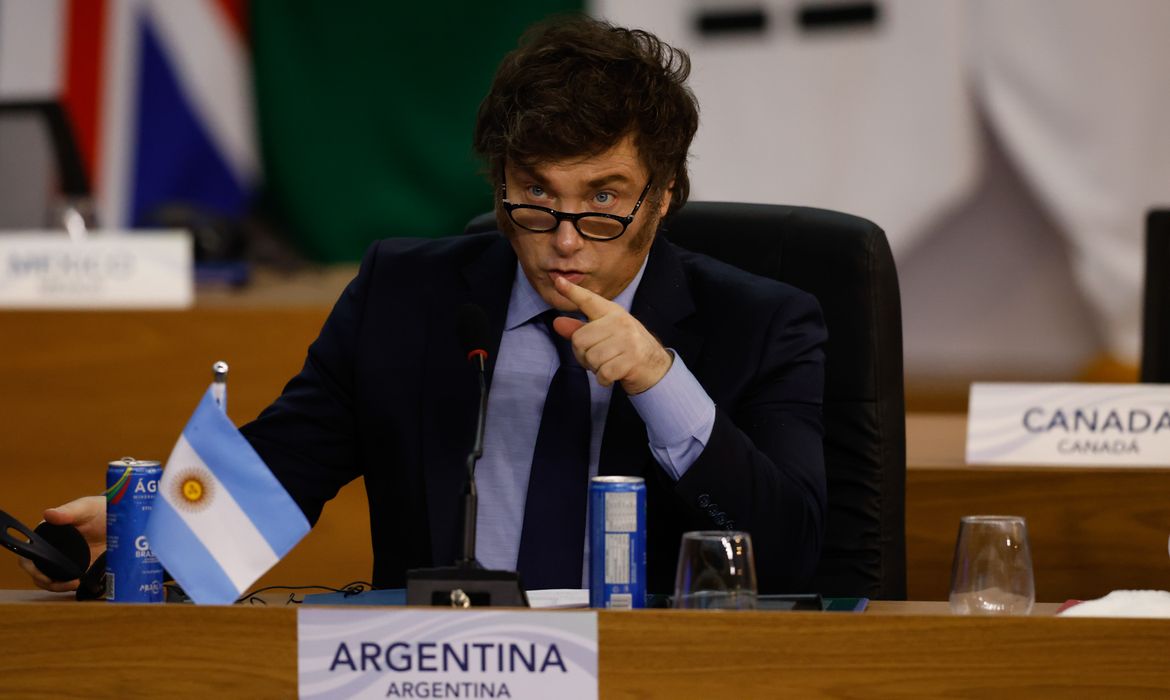 Rio de Janeiro(RJ), 18/11/2024 - O presidente da Argentina, Javier Milei, participa da plenária sobre reforma das instituições no G20.  Foto: Tânia Rêgo/Agência Brasil