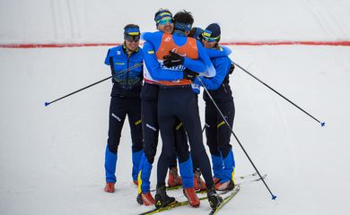 equipe ucraniana medalhista de ouro no revezamento 4 x 2,5 km misto do esqui cross-country na Paralimpíada de Pyeongchang (Coreia do Sul), em 2018