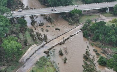 A drone view shows fallen trees, as a result of flash flooding, in Comfort, Texas, U.S., July 5, 2025. REUTERS/Marco Bello