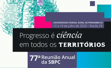 Brasília - 04/07/2025 - Cartaz da SBPC e mascote da SBPC Jovem. Foto SPBC.