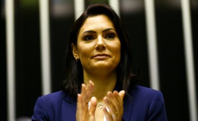  A primeira-dama, Michelle Bolsonaro, participa de sessão solene em homenagem ao dia nacional de combate ao câncer infantil, na Câmara dos Deputados.  