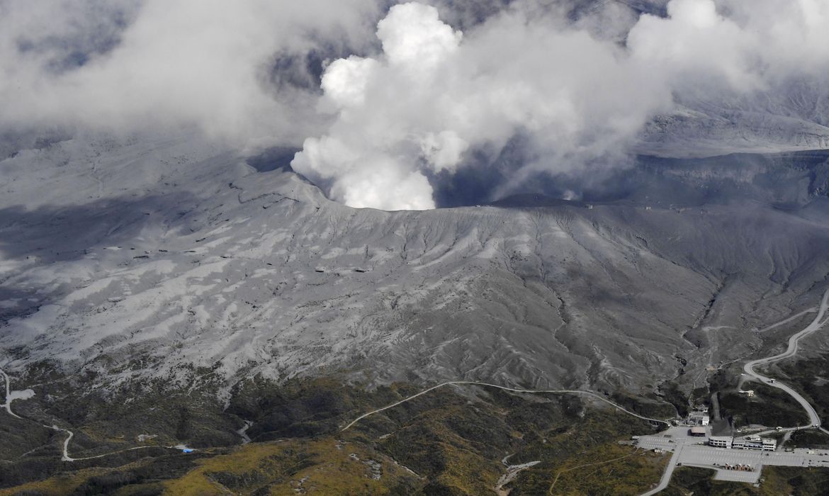 An aerial view shows an eruption of Mount Aso in Aso, Kumamoto prefecture, southwestern Japan