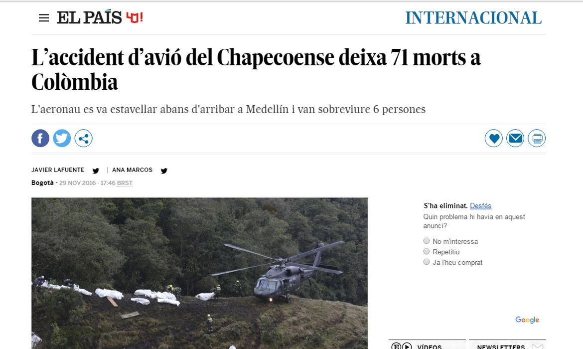 O jornal espanhol El País mostra acidente com time da Chapecoense - Divulgação/Agência Brasil
