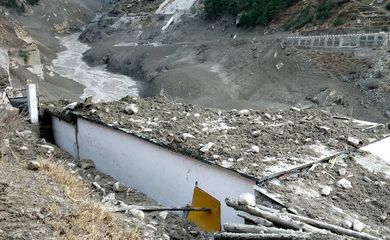 A view shows damage after a Himalayan glacier broke and crashed into a dam at Raini Chak Lata
