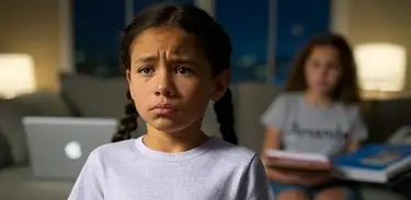 Menina com cara de preocupada de costas para outra sentada no sofá