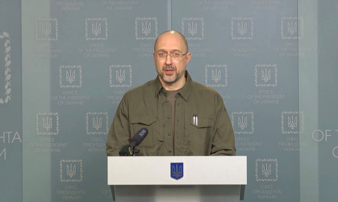 Ukrainian Prime Minister Denys Shmyhal speaks on the Chernobyl exclusion zone at a news briefing in Kyiv