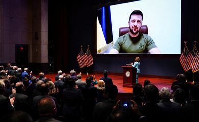 Ukraine’s President Volodymyr Zelenskiy delivers video address to members of the U.S. Congress at the Capitol in Washington