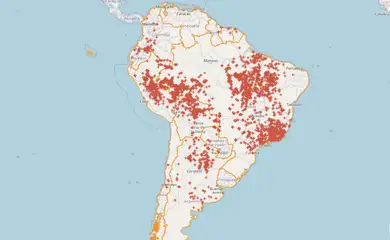 Brasília (DF), 14/09/2024 - Mapa de queimadas na América do Sul e Brasil. Foto: terrabrasilis/reprodução