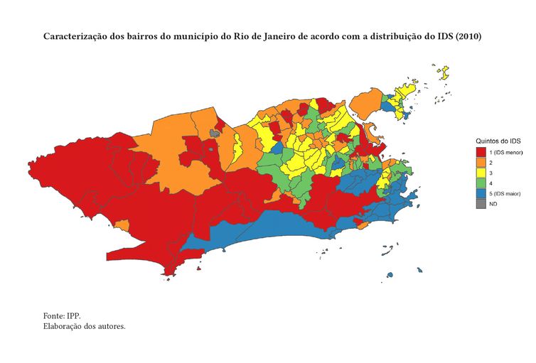 27/10/2023 - Mapa dos bairros do município do RJ de acordo com a distribuição do IDS 2010. Foto: IPEA