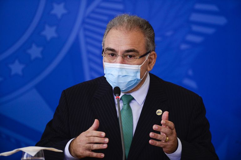 O ministro da Saúde, Marcelo Queiroga, durante entrevista coletiva após reunião do Comitê Nacional de Enfrentamento à Pandemia de Covid-19.