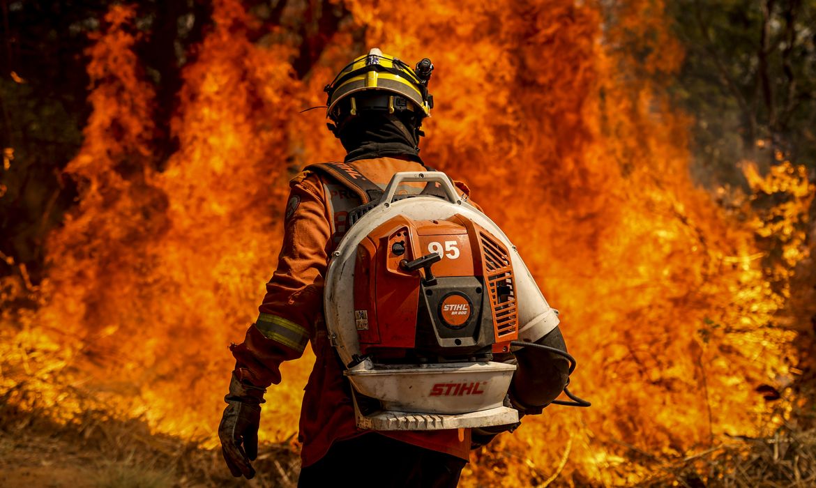 Brasília (DF), 24/08/2024 - Brigadistas do Instituto Brasília Ambiental e Bombeiros do Distrito Federal combatem incêndio em área de cerrado próxima ao aeroporto de Brasília. Foto: Marcelo Camargo/Agência Brasil