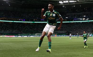 O jogador Estêvão, da SE Palmeiras, comemora seu gol contra a equipe do Grêmio FBPA, durante partida válida pela trigésima terceira rodada, do Campeonato Brasileiro, Série A, na arena Allianz Parque.