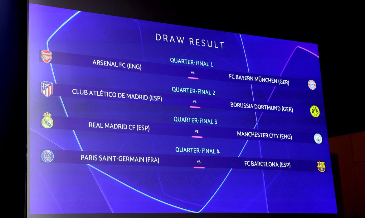 Tela mostra resultado do sorteio das quartas de final da Liga dos Campeões na sede da Uefa, em Nyon
15/03/2024 REUTERS/Denis Balibouse