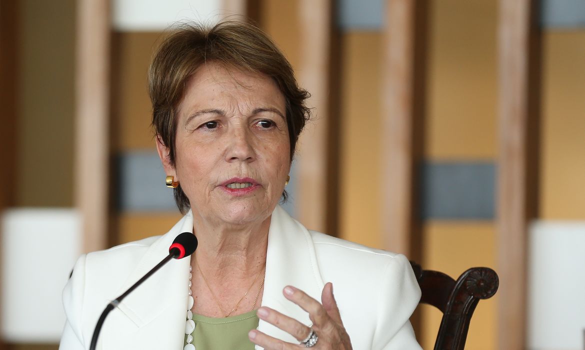 A ministra da Agricultura, Pecuária e Abastecimento, Tereza Cristina, durante entrevista coletiva, na Sala dos Tratados do Palácio Itamaraty, sobre os resultados da participação brasileira na COP26