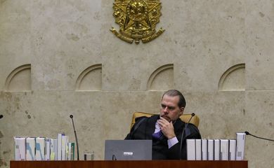 O presidente do STF, ministro Dias Torroli, durante sessão de julgamento sobre a constitucionalidade da execução provisória de condenações criminais, conhecida como prisão após segunda instância