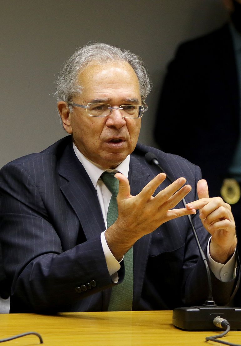 O ministro da Economia, Paulo Guedes, durante declaração conjunta à imprensa no auditório do ministério da economia em Brasília
