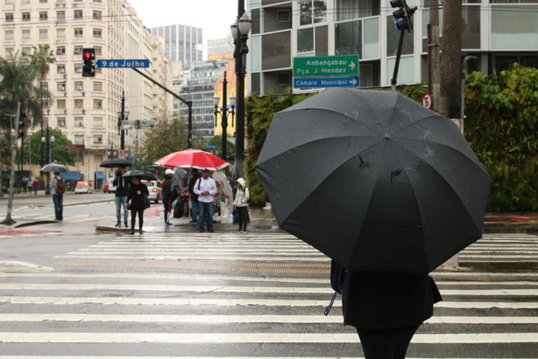Pedestres se protegem da chuva no centro da capital paulista.